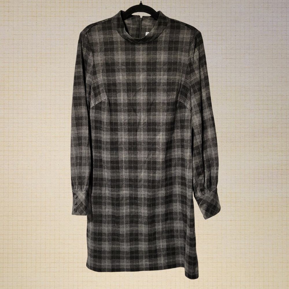 Modern Plaid A Line Midi Dress Calvin Klein Long Sleeve Zip Size 12 Gray Wool Bl